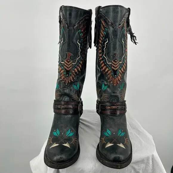 Women's Black Corral Eagle Overlay w/ Embroidery & Harness Biker Boots 10M A3616 - Picture 2 of 9